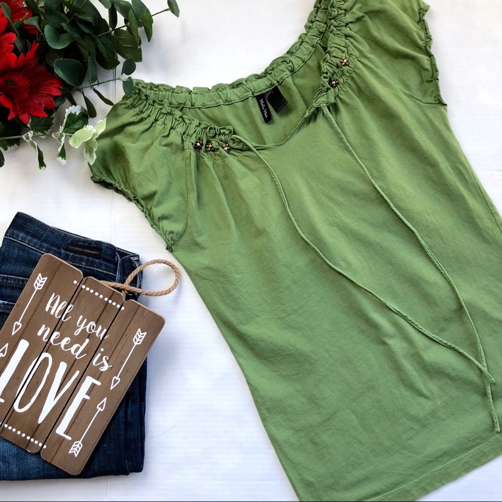 Molly Maxi Peasant Top Beaded Ruched Green Small